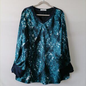 Tahari Womens Blue Long Sleeve V Neck Snake Blouse Top Plus Size 3X